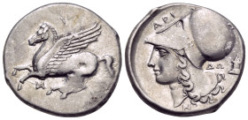 AKARNANIA. Anaktorion. Circa 320-280 BC. Stater (Silver, 21 mm, 8.45 g, 4 h). Pegasos flying left; below, monogram of AN (retrograde). Rev. Head of At...