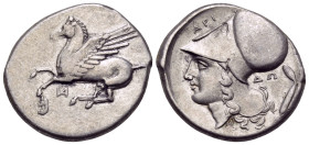 AKARNANIA. Anaktorion. Circa 320-280 BC. Stater (Silver, 21 mm, 8.54 g, 10 h). Pegasos flying left; below, monogram of AN (retrograde). Rev. Head of A...