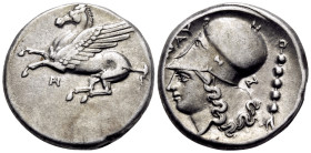 AKARNANIA. Anaktorion. Circa 350-300 BC. Stater (Silver, 21 mm, 8.55 g, 9 h). Pegasos flying left; below, monogram of AN. Rev. Head of Athena to left,...