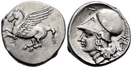 AKARNANIA. Argos Amphilochikon. Circa 330-300 BC. Stater (Silver, 22 mm, 8.43 g, 6 h). A Pegasos flying left. Rev. Helmeted head of Athena to left; be...
