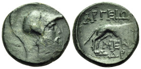 AKARNANIA. Argos Amphilochikon. Circa 330-300 BC. (Bronze, 16 mm, 3.17 g, 5 h). Bearded male head (Amphilochos or Odysseus?) to right, wearing crested...