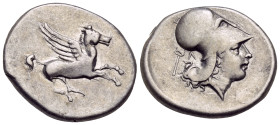 AKARNANIA. Leukas. Circa 350-320 BC. 1/12 Stater (Silver, 22.5 mm, 8.47 g, 5 h). Pegasos flying right. Rev. ead of Athena to right, wearing Corinthian...