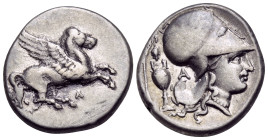 AKARNANIA. Leukas. Circa 320-280 BC. Stater (Silver, 21 mm, 8.54 g, 3 h). Λ Pegasos flying right. Rev. Head of Athena to right, wearing Corinthian hel...
