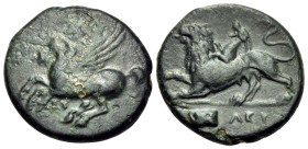 AKARNANIA. Leukas. Circa 350-300 BC. (Bronze, 17 mm, 4.00 g, 3 h). Λ Bellerophon (not clear on this example), holding spear in right hand, seated on P...