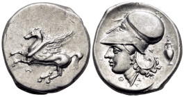 AKARNANIA. Thyrrheion. Circa 320-280 BC. Stater (Silver, 22 mm, 8.44 g, 8 h). Θ Pegasos flying left. Rev. Θ-Y Head of Athena to left, wearing Corinthi...
