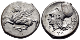 AKARNANIA. Thyrrheion. Circa 320-280 BC. Stater (Silver, 21 mm, 8.58 g, 9 h). Θ Pegasos flying left. Rev. Head of Athena to left, wearing Corinthian h...