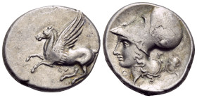 AKARNANIA. Thyrrheion. Circa 350-300 BC. Stater (Silver, 23 mm, 8.73 g, 3 h). ΘY Pegasos flying left with straight wings. Rev. Θ-Y Head of Athena to l...