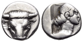 PHOKIS, Federal Coinage. Circa 457-446 BC. Triobol (Silver, 13 mm, 3.16 g, 3 h). Frontal bull's head. Rev. Φ-O-K-I Head of Artemis to right, her hair ...