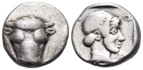 PHOKIS, Federal Coinage. Circa 449-447 BC. Triobol (Silver, 13 mm, 2.97 g, 2 h). Frontal bull's head. Rev. Φ-O-K-I Head of Artemis to right, her hair ...