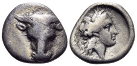 PHOKIS, Federal Coinage. Circa 354-346 BC. Triobol (Silver, 15 mm, 2.46 g, 12 h), struck under the tyrant Philomelos. Frontal bull's head. Rev. Φ - Ω ...