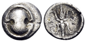 BOEOTIA. Mykalessos. Circa 400-375 BC. Obol (Silver, 10.5 mm, 0.82 g). Boeotian shield. Rev. M-Y Thunderbolt within incuse circle. BCD Boiotia 178. HG...