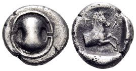 BOEOTIA. Tanagra. 457-448 BC. Hemidrachm (Silver, 13.5 mm, 2.52 g). Boeotian shield. Rev. T-A Forepart of horse to right, within incuse square. BCD Bo...