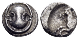 BOEOTIA. Tanagra. early-mid 4th century BC. Obol (Silver, 9 mm, 0.82 g). Boiotian shield. Rev. [T-A] Forepart of horse to left within incuse circle. B...