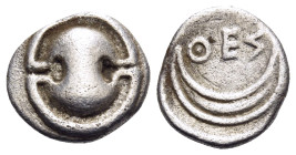 BOEOTIA. Thespiai. Early-mid 4th century BC. Obol (Silver, 10 mm, 0.75 g). Boeotian shield. Rev. ΘEΣ Crescent with points upwards. BCD Boiotia 598 ff....