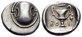 BOEOTIA, Federal Coinage. Circa 395-340 BC. Hemidrachm (Silver, 14 mm, 2.68 g). Boeotian shield. Rev. BO-I Kantharos; above, club; to right, bunch of ...