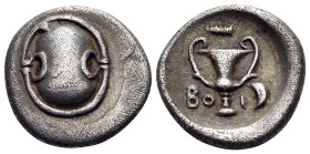 BOEOTIA, Federal Coinage. Circa 395-340 BC. Hemidrachm (Silver, 15 mm, 2.62 g). Boeotian shield. Rev. BO-I Kantharos; above, club to right; to right, ...
