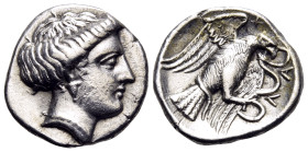 EUBOIA. Chalkis. Circa 338-308 BC. Drachm (Silver, 15 mm, 3.69 g, 10 h). Head of the nymph Chalkis to right. Rev. XAΛ Eagle flying upwards with spread...