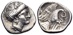 EUBOIA. Chalkis. Circa 338-308 BC. Drachm (Silver, 17 mm, 3.40 g, 10 h). Head of the nymph Chalkis to right. Rev. XAΛ Eagle flying upwards with spread...