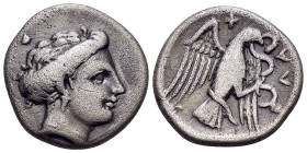 EUBOIA. Chalkis. Circa 290-273/1 BC. Hemidrachm (Silver, 17 mm, 3.54 g, 11 h). Head of the nymph Chalkis to right. Rev. XAΛ Eagle flying upwards with ...
