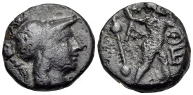 ATTICA. Athens. Circa 95-87/6 BC. (Bronze, 17 mm, 5.41 g, 12 h). Head of Athena to right, wearing crested Corinthian helmet. Rev. A-Θ/E Zeus standing ...