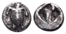 ISLANDS OFF ATTICA, Aegina. Circa 525/0-500 BC. Obol (Silver, 8 mm, 0.95 g). Sea turtle with T-shaped arrangement of pellets on his shell. Rev. Incuse...