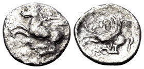 CORINTHIA. Corinth. Circa 400-350 BC. Diobol (Silver, 11 mm, 0.68 g, 6 h). Q Pegasos flying to left. Rev. Pegasos flying to left; to right, dolphin(?)...