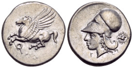 CORINTHIA. Corinth. Circa 375-300 BC. Stater (Silver, 22 mm, 8.55 g, 6 h). Ϙ Pegasos flying to left. Rev. Head of Athena to left, wearing Corinthian h...