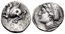 CORINTHIA. Corinth. Circa 350-300 BC. Drachm (Silver, 14 mm, 2.11 g, 11 h). Ϙ Pegasos flying to left. Rev. Head of Athena to left, hair bound in sakko...