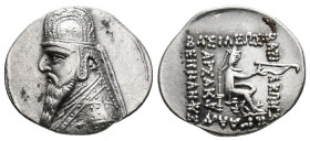 KINGS OF PARTHIA. Mithradates II, 121-91 BC. Drachm (Silver, 20.5 mm, 4.10 g, 12 h), Rhagai, c. 96/5-91. Bust of Mithradates with long beard to left, ...