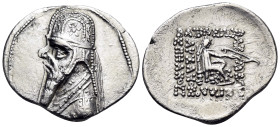 KINGS OF PARTHIA. Mithradates II, 121-91 BC. Drachm (Silver, 22 mm, 3.87 g, 1 h), Ekbatana. Diademed bust of Mithradates II to left, wearing tiara dec...