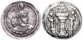 SASANIAN KINGS. Yazdgard I, 399-420. Drachm (Silver, 22 mm, 3.73 g, 4 h), AW (Ormazd-Ardashir). Bust of Yazdgard I to right, wearing mural crown with ...