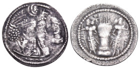 SASANIAN KINGS. Bahram II, with Queen and Prince 4, 276-293. Obol (Silver, 15 mm, 0.74 g, 3 h). Jugate busts of Bahram II and his queen to right, the ...