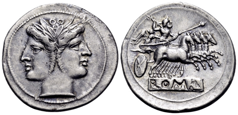 Anonymous, circa 225-212 BC. Quadrigatus (Silver, 25 mm, 6.57 g, 5 h), Rome. Lau...