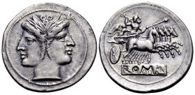 Anonymous, circa 225-212 BC. Quadrigatus (Silver, 25 mm, 6.57 g, 5 h), Rome. Laureate janiform head of the Dioscuri. Rev. Jupiter, holding scepter in ...