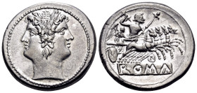 Anonymous, circa 225-212 BC. Quadrigatus (Silver, 21,5 mm, 6.75 g, 7 h), Rome. Laureate janiform head of the Dioscuri. Rev. Jupiter, holding scepter i...