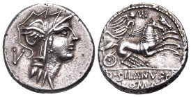 D. Silanus L.f, 91 BC. Denarius (Silver, 18 mm, 3.95 g, 1 h), Rome. Helmeted head of Roma to right; behind, V. Rev. D · SILANVS L · F / ROMA Victory i...