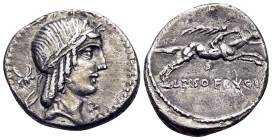 L. Calpurnius Piso Frugi, 90 BC. Denarius (Silver, 18 mm, 3.94 g, 8 h), Rome. Laureate head of Apollo to right; behind, bucranium; below chin, three p...