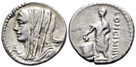L. Cassius Longinus, 60 BC. Denarius (Silver, 18 mm, 3.80 g, 7 h), Rome. Veiled and diademed head of Vesta to left; to right, two-handled cup; to left...