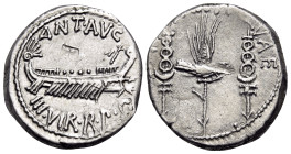 The Triumvirs. Mark Antony, Autumn 32 - Spring 31. Denarius (Silver, 17 mm, 3.62 g, 7 h), Patrae(?). ANT AVG III VIR R P C Galley to right. Rev. LEG X...