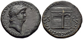 Nero, AD 54-68. Sestertius (Orichalcum, 34 mm, 25.74 g, 6 h), Rome, c. 67. IMP NERO CLAVD CAESAR AVG GERM P M TR P XIII P P Laureate head of Nero to r...