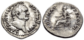 Vespasian, 69-79. Denarius (Silver, 19 mm, 3.14 g, 6 h), Rome, 75. IMP CAESAR VESPASIANVS AVG Laureate head of Vespasian to right. Rev. PON MAX TR P C...