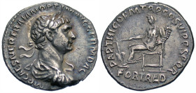 Trajan, 98-117. Denarius (Silver, 18 mm, 2.82 g, 7 h), Rome, c. 116-117. IMP CAES NER TRAIAN OPTIM AVG GERM DAC Laureate, draped and cuirassed bust of...