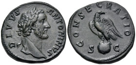 Divus Antoninus Pius, died 161. Sestertius (Orichalcum, 31.5 mm, 28.90 g, 7 h), consecration issue struck under Marcus Aurelius and Lucius Verus, Rome...