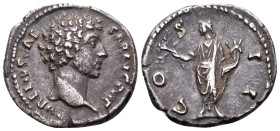 Marcus Aurelius, as Caesar, 139-161. Denarius (Silver, 18 mm, 3.27 g, 7 h), Rome, 145-147. AVRELIVS CAESAR AVG PII F Bare head of Marcus Aurelius to r...