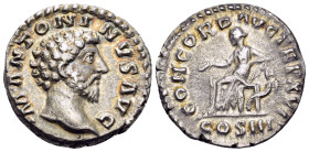 Marcus Aurelius, 161-180. Denarius (Silver, 18 mm, 3.27 g, 12 h), Rome, 161-162. •M• ANTONINVS AVG Bare head of Marcus Aurelius to right. Rev. CONCORD...