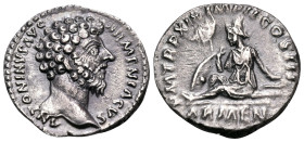 Marcus Aurelius, 161-180. Denarius (Silver, 18 mm, 2.90 g, 12 h), Rome, 164-165. ANTONINVS AVG ARMENIACVS Bare head of Marcus Aurelius to right. Rev. ...
