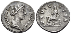Lucilla, Augusta, 164-182. Denarius (Silver, 18 mm, 3.30 g, 7 h), struck under Marcus Aurelius and Lucius Verus, Rome, 161-167. LVCILLA AVGVSTA Draped...