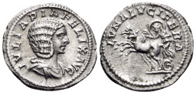 Julia Domna, Augusta, 193-217. Denarius (Silver, 19 mm, 2.46 g, 12 h), struck under Caracalla, Rome, 215. IVLIA PIA FELIX AVG Draped bust of Julia Dom...