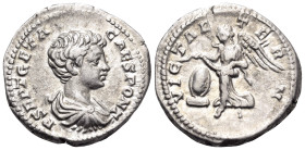 Geta, as Caesar, 198-209. Denarius (Silver, 19 mm, 3.60 g, 6 h), struck under Septimius Severus and Caracalla, Rome, 200-202. P SEPT GETA CAES PONT Ba...