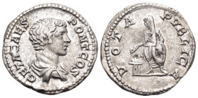 Geta, as Caesar, 198-209. Denarius (Silver, 19 mm, 3.12 g, 1 h), Rome, 203-209. GETA CAES PONT COS Bare-headed and draped bust of Geta to right. Rev. ...